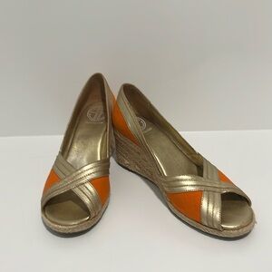 Lilly Pulitzer Lia canvas espadrille orange and gold Wedges